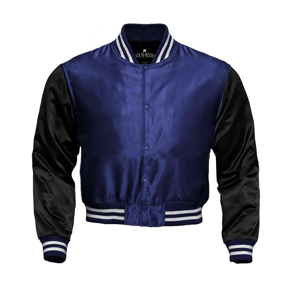 Navy Blue Cropped Satin Full-Snap Varsity Jacket with Black Sleeves - Jack N Hoods