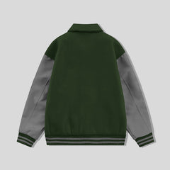Forest Green Collared Varsity Jacket Gray Leather Sleeves - Jack N Hoods