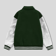 Forest Green Collared Varsity Jacket White Leather Sleeves - Jack N Hoods