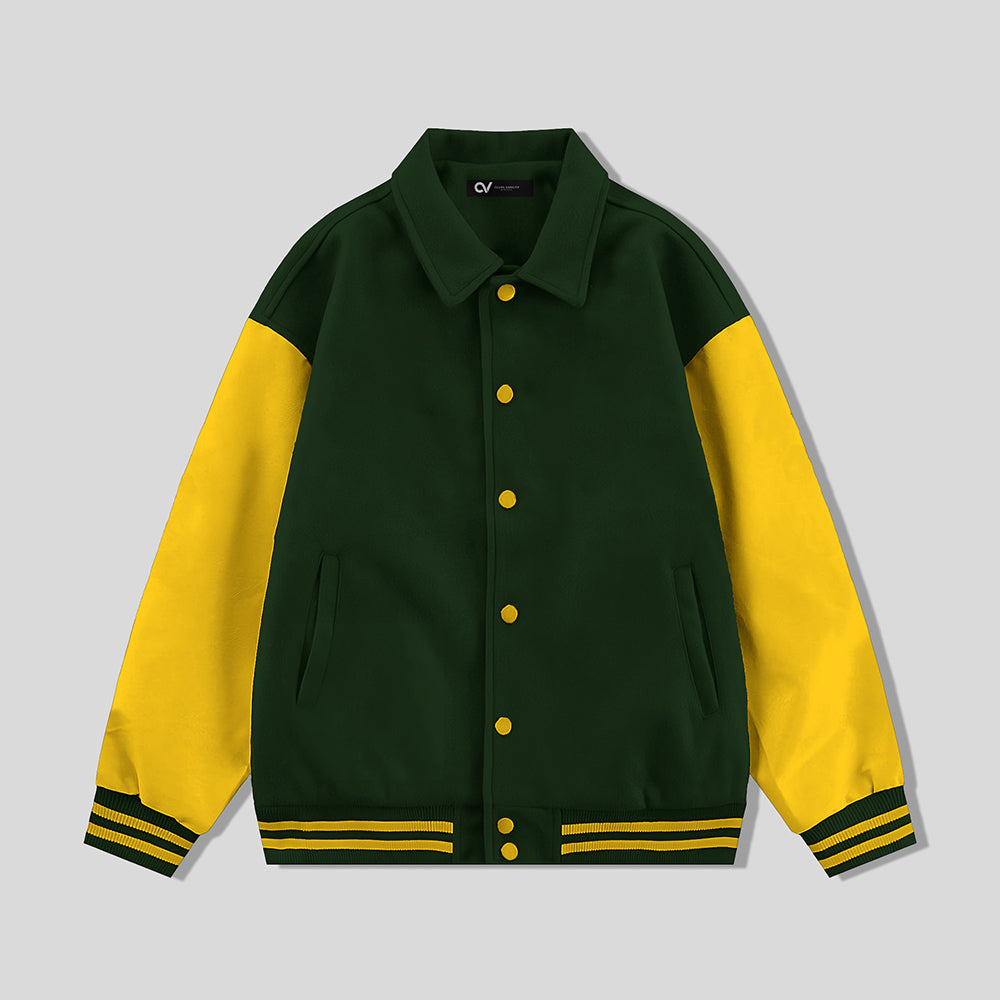 Forest Green Collared Varsity Jacket Gold Leather Sleeves - Jack N Hoods