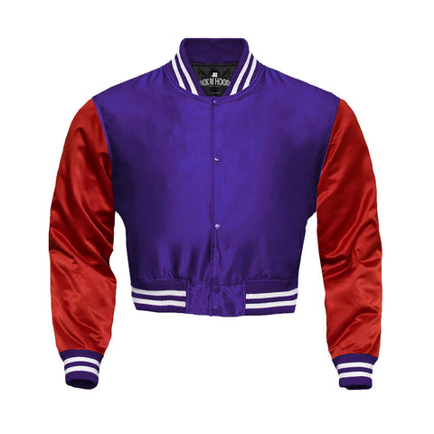 Purple Cropped Satin Full-Snap Varsity Jacket with Red Sleeves - Jack N Hoods