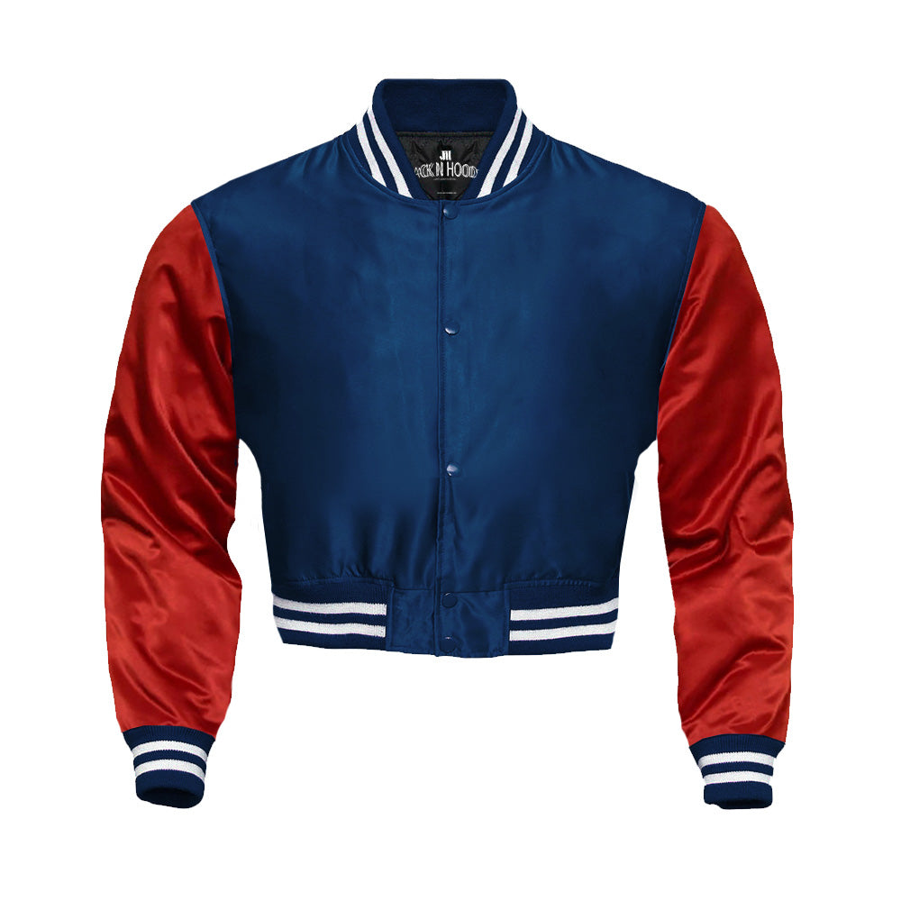 Navy Blue Cropped Satin Full-Snap Varsity Jacket with Red Sleeves - Jack N Hoods