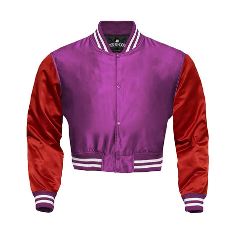 Pink Cropped Satin Full-Snap Varsity Jacket with Red Sleeves - Jack N Hoods