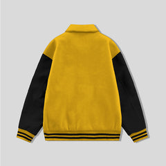 Gold Collared Varsity Jacket Black Leather Sleeves - Jack N Hoods