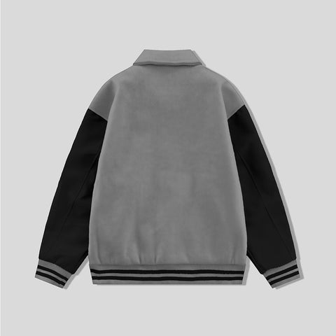Gray Collared Varsity Jacket Black Leather Sleeves - Jack N Hoods