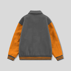 Gray Collared Varsity Jacket Orange Leather Sleeves - Jack N Hoods