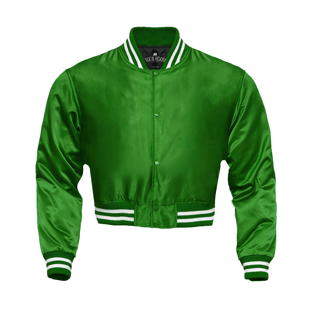 Green Cropped Satin Full-Snap Varsity Jacket - Jack N Hoods