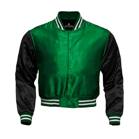 Green Cropped Satin Full-Snap Varsity Jacket with Black Sleeves - Jack N Hoods