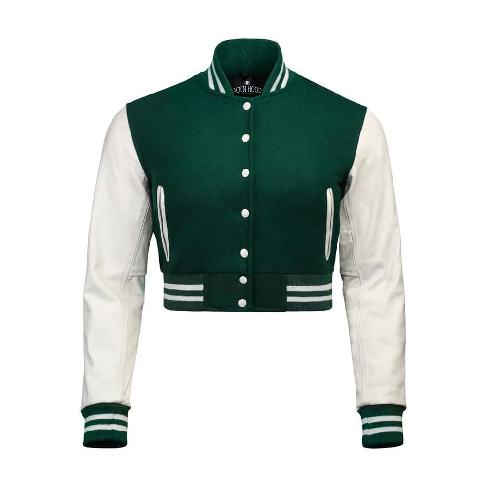 Women Green Crop Varsity Jacket with White Leather Sleeves  - Jack N Hoods