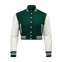 Women Green Crop Varsity Jacket with White Leather Sleeves  - Jack N Hoods