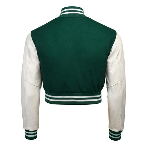 Women Green Crop Varsity Jacket with White Leather Sleeves  - Jack N Hoods