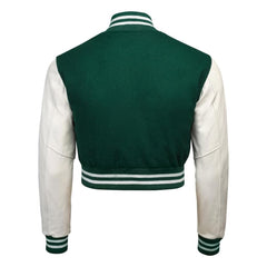 Women Green Crop Varsity Jacket with White Leather Sleeves  - Jack N Hoods