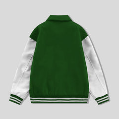 Green Collared Varsity Jacket White Leather Sleeves - Jack N Hoods