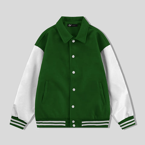 Green Byron Collar Varsity Jacket with White Sleeves - Jack N Hoods