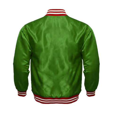 Green Satin Full-Snap Varsity Jacket with Red Rib - Jack N Hoods