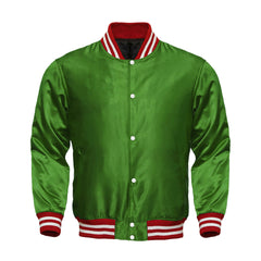 Green Satin Full-Snap Varsity Jacket with Red Rib - Jack N Hoods