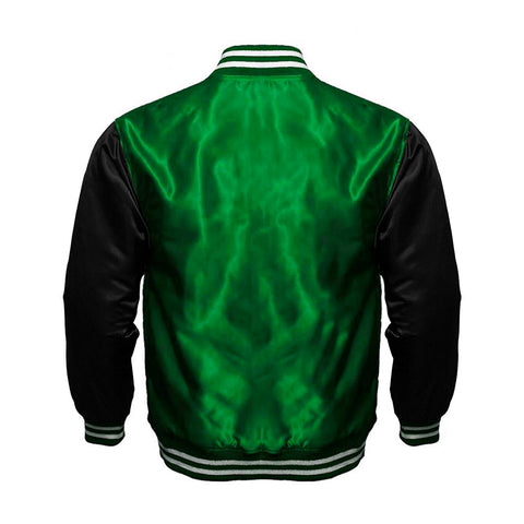 Green Satin Full-Snap Varsity Jacket with Black Sleeves - Jack N Hoods