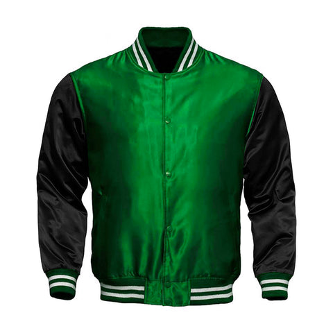 Green Satin Full-Snap Varsity Jacket with Black Sleeves - Jack N Hoods