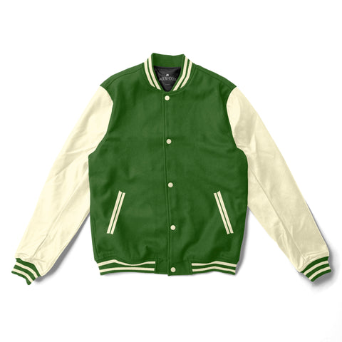 Green Varsity Jacket Cream Leather Sleeves - Jack N Hoods