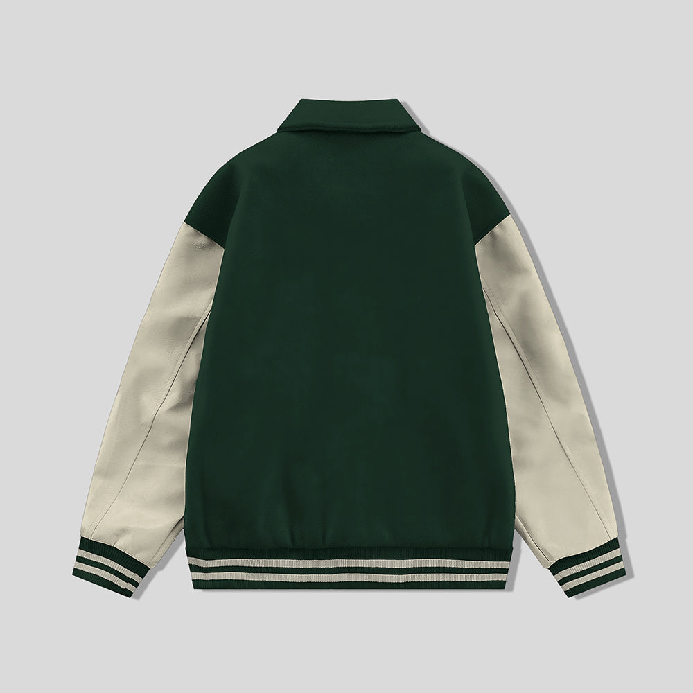 Forest Green Byron Collar Varsity Jacket with Cream Sleeves - Jack N Hoods