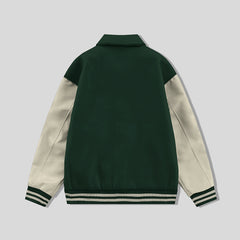 Forest Green Collared Varsity Jacket Cream Leather Sleeves - Jack N Hoods