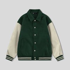 Forest Green Collared Varsity Jacket Cream Leather Sleeves - Jack N Hoods