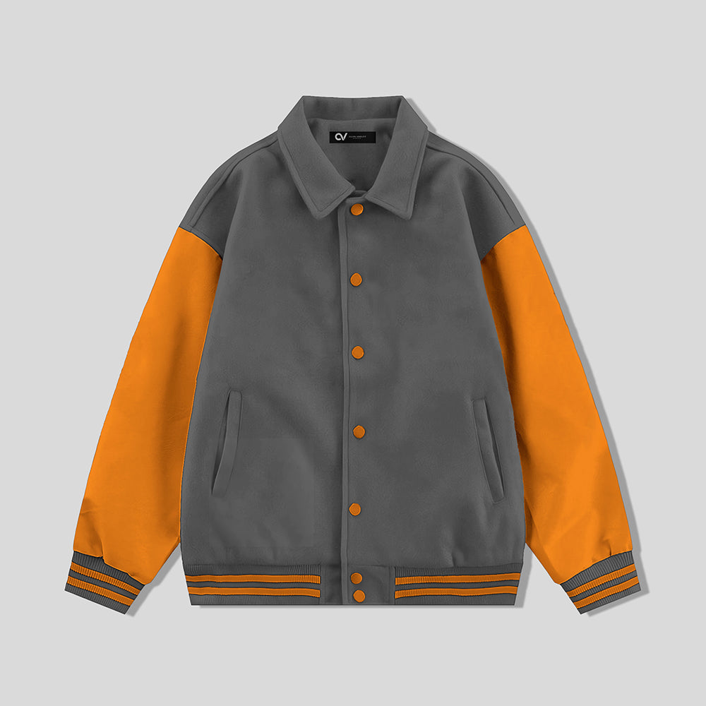 Gray Byron Collar Varsity Jacket Orange Sleeves - Jack N Hoods