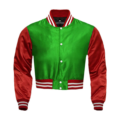 Green Cropped Satin Full-Snap Varsity Jacket with Red Sleeves - Jack N Hoods