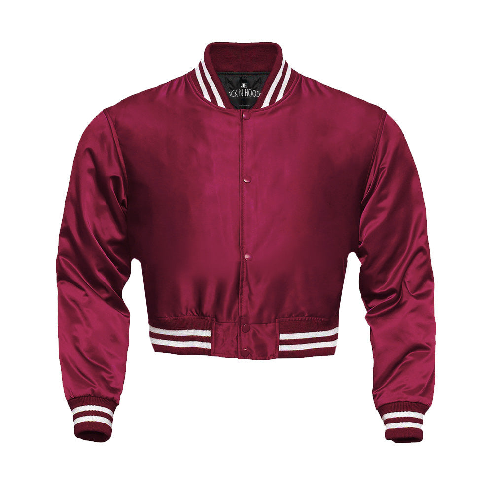 Maroon Cropped Satin Full-Snap Varsity Jacket - Jack N Hoods