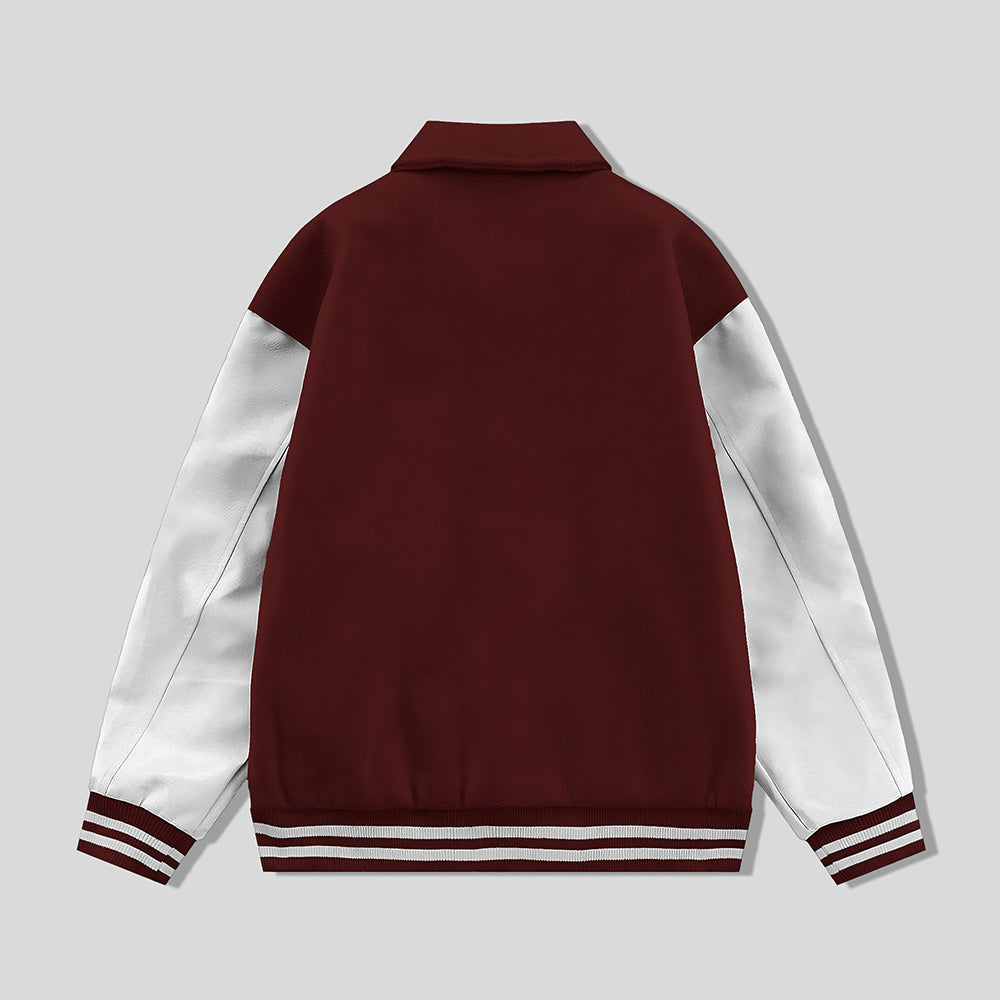 Maroon Byron Collar Varsity Jacket White Sleeves - Jack N Hoods