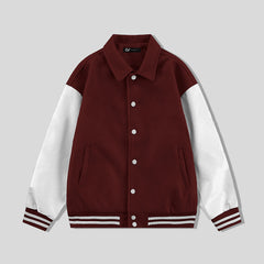 Maroon Byron Collar Varsity Jacket White Sleeves - Jack N Hoods