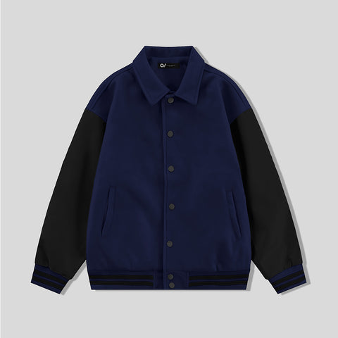 Navy Blue Collared Varsity Jacket Black Leather Sleeves - Jack N Hoods