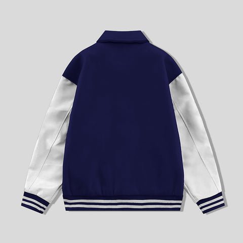 Navy Blue Byron Collar All Wool Varsity Jacket White Sleeves - Jack N Hoods