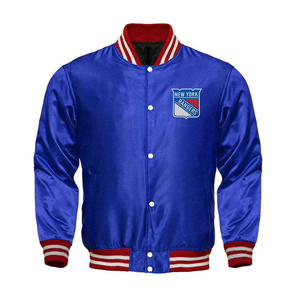 New York Rangers Satin Varsity Full Snap Jacket - Jack N Hoods