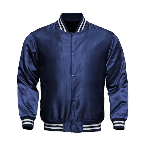 Navy Blue Satin Full-Snap Varsity Jacket - Jack N Hoods