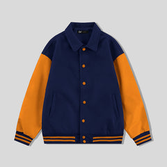 Navy Blue Collared Varsity Jacket Orange Leather Sleeves - Jack N Hoods