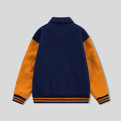 Navy Blue Collared Varsity Jacket Orange Leather Sleeves - Jack N Hoods