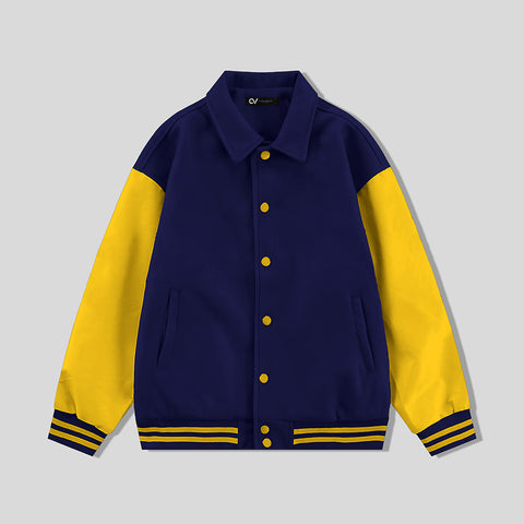 Navy Blue Byron Collar Varsity Jacket with Gold Sleeves - Jack N Hoods