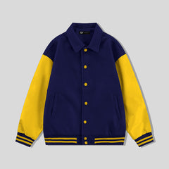 Navy Blue Collared Varsity Jacket Gold Leather Sleeves - Jack N Hoods