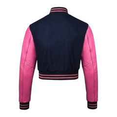 Women Navy Blue Crop Varsity Jacket with Pink Leather Sleeves  - Jack N Hoods