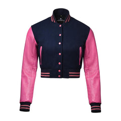 Women Navy Blue Crop Varsity Jacket with Pink Leather Sleeves  - Jack N Hoods