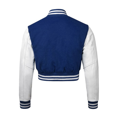 Women Navy Blue Crop Varsity Jacket with White Leather Sleeves  - Jack N Hoods