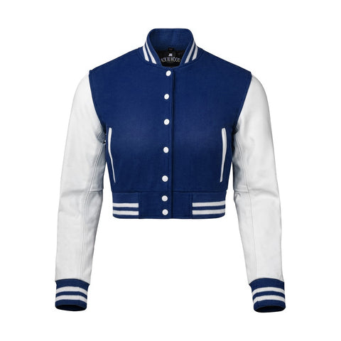 Women Navy Blue Crop Varsity Jacket with White Leather Sleeves  - Jack N Hoods