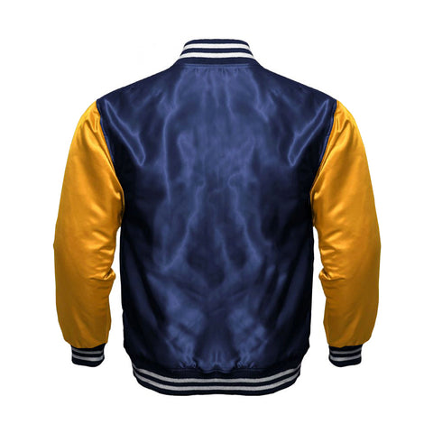 Navy Blue Satin Full-Snap Varsity Jacket with Gold Sleeves - Jack N Hoods