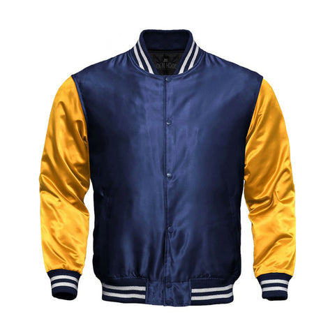 Navy Blue Satin Full-Snap Varsity Jacket with Gold Sleeves - Jack N Hoods