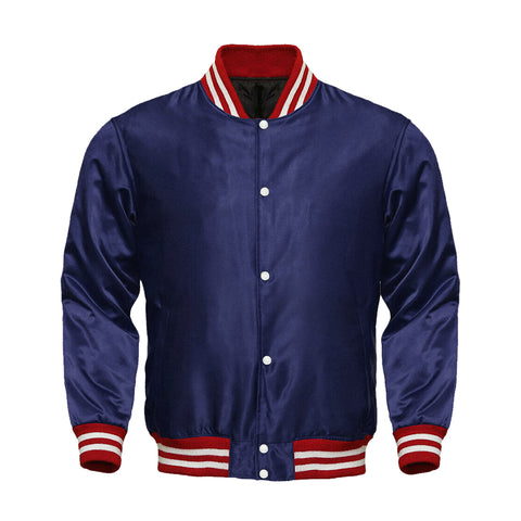 Navy Blue Satin Full-Snap Varsity Jacket with Red Rib - Jack N Hoods
