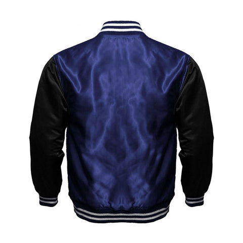 Navy Blue Satin Full-Snap Varsity Jacket with Black Sleeves - Jack N Hoods