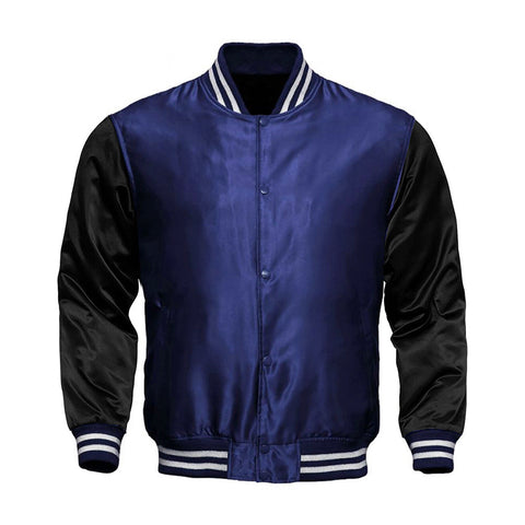 Navy Blue Satin Full-Snap Varsity Jacket with Black Sleeves - Jack N Hoods