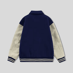 Navy Blue Byron Collar Varsity Jacket with Cream Sleeves - Jack N Hoods