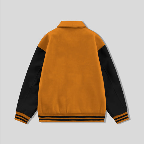 Orange Collared Varsity Jacket Black Leather Sleeves - Jack N Hoods